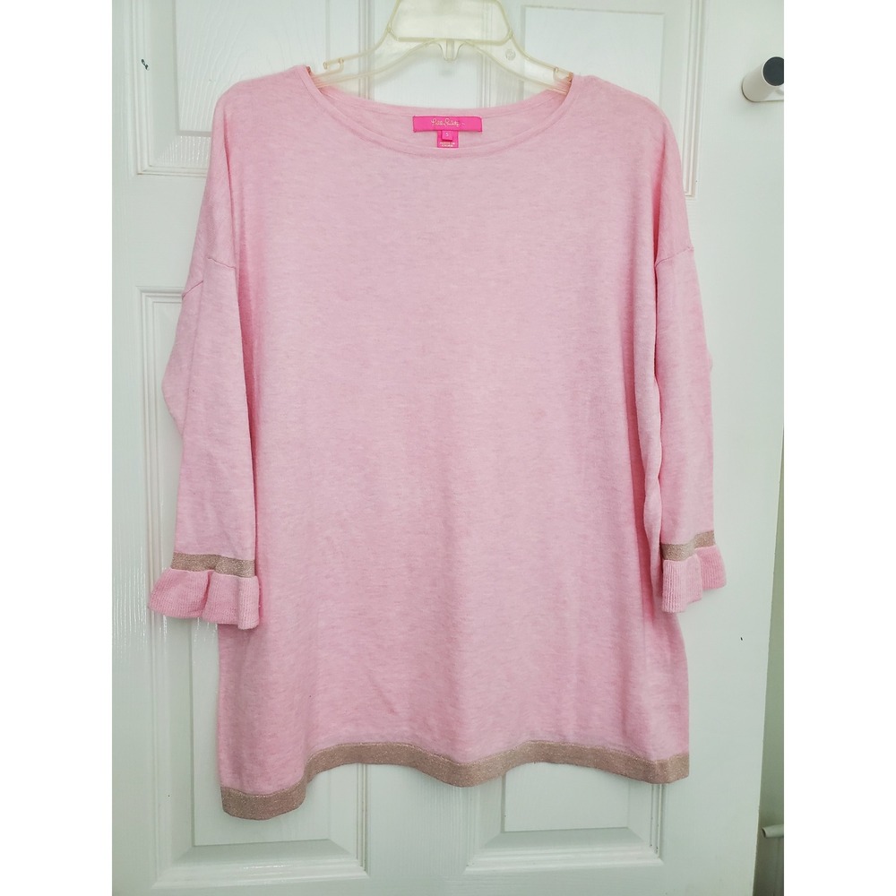 Lilly Pulitzer Pink Sweater Gold Metallic Trim Ruffle Cuff Coolmax Pullover S